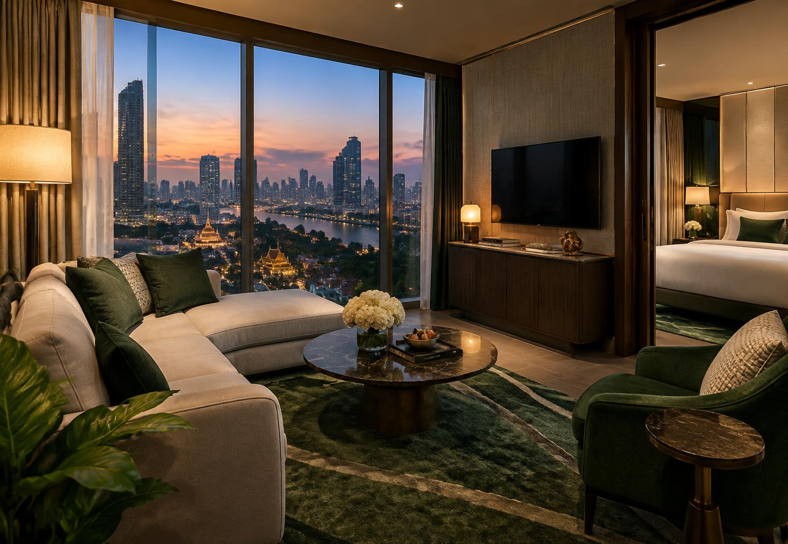 Extended-stay suite interior with a city skyline view at dusk