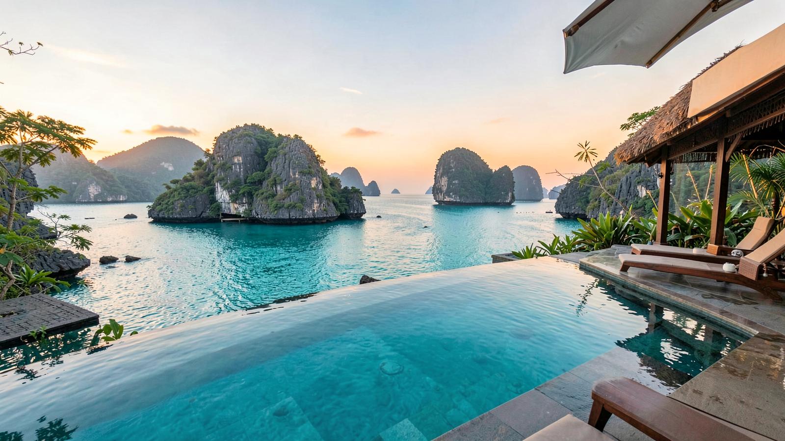Resort pool deck overlooking limestone islands at sunset